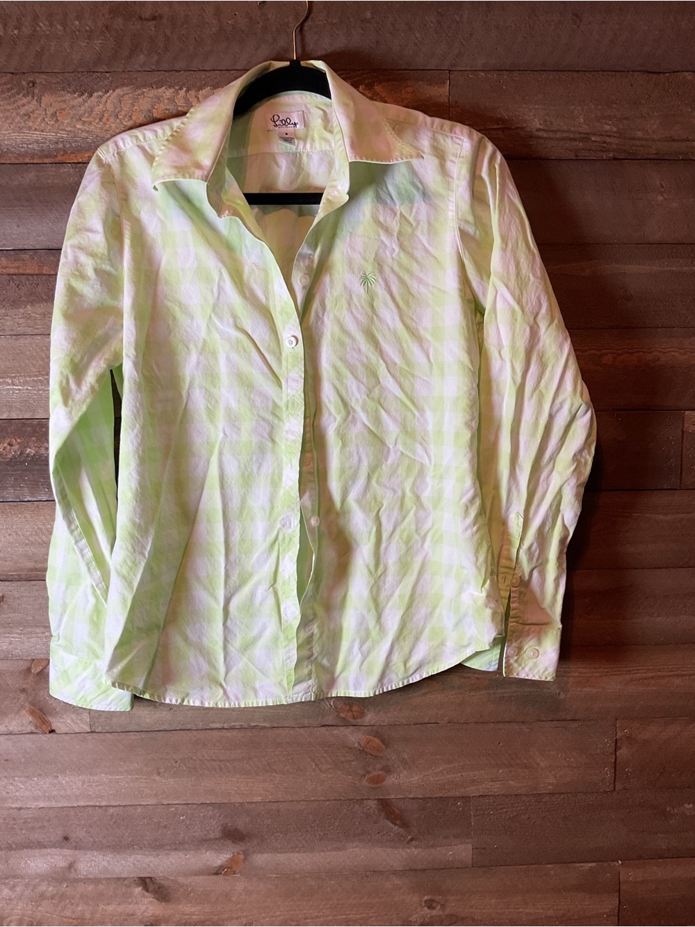 Lilly Pulitzer Lime Green & White Checkered Long Sleeve Button Up Shirt Size 8